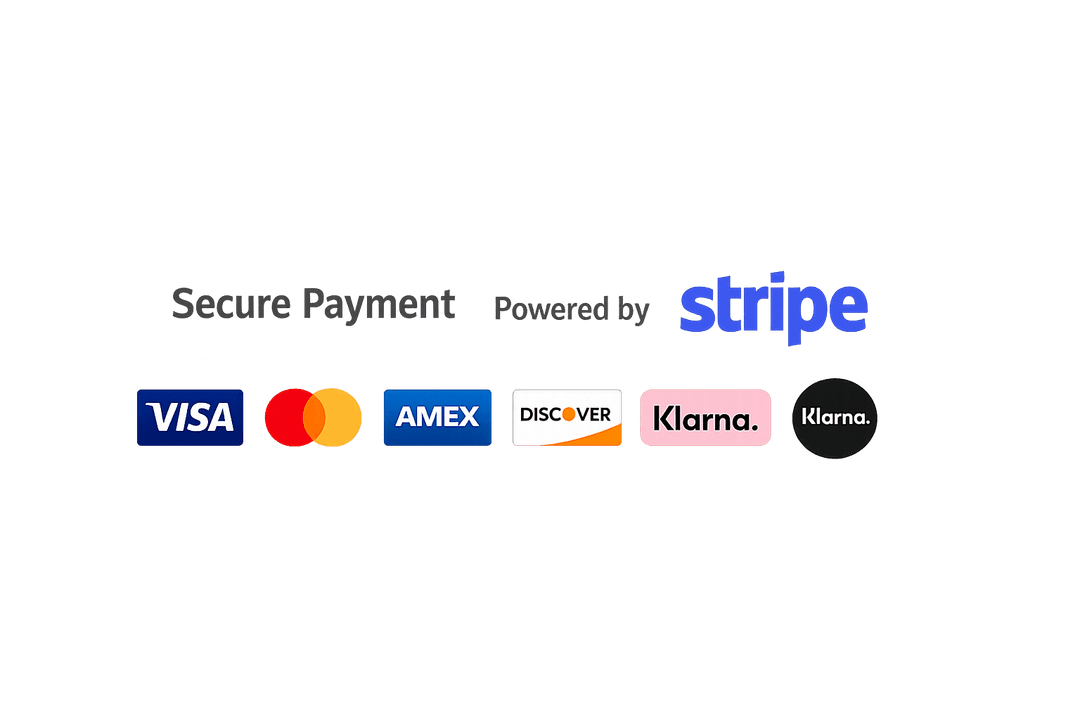 Stripe payment badge — Visa, Mastercard, Amex, Klarna